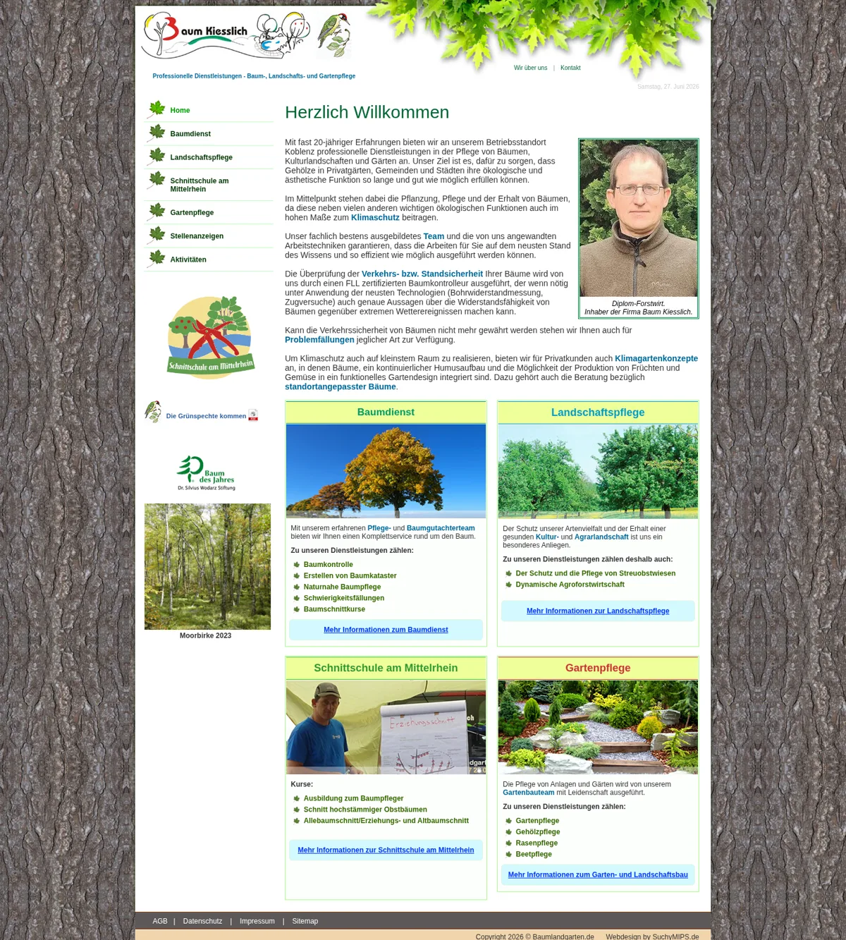 Alte Baumlandgarten-Website mit gewachsener Navigation, vielen Inhalten und kleinteiliger Desktop-Gestaltung.