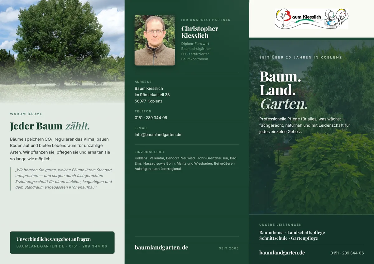 Außenseite eines Baumlandgarten-Faltblatts mit grünem Naturmotiv und Kontaktbereich.